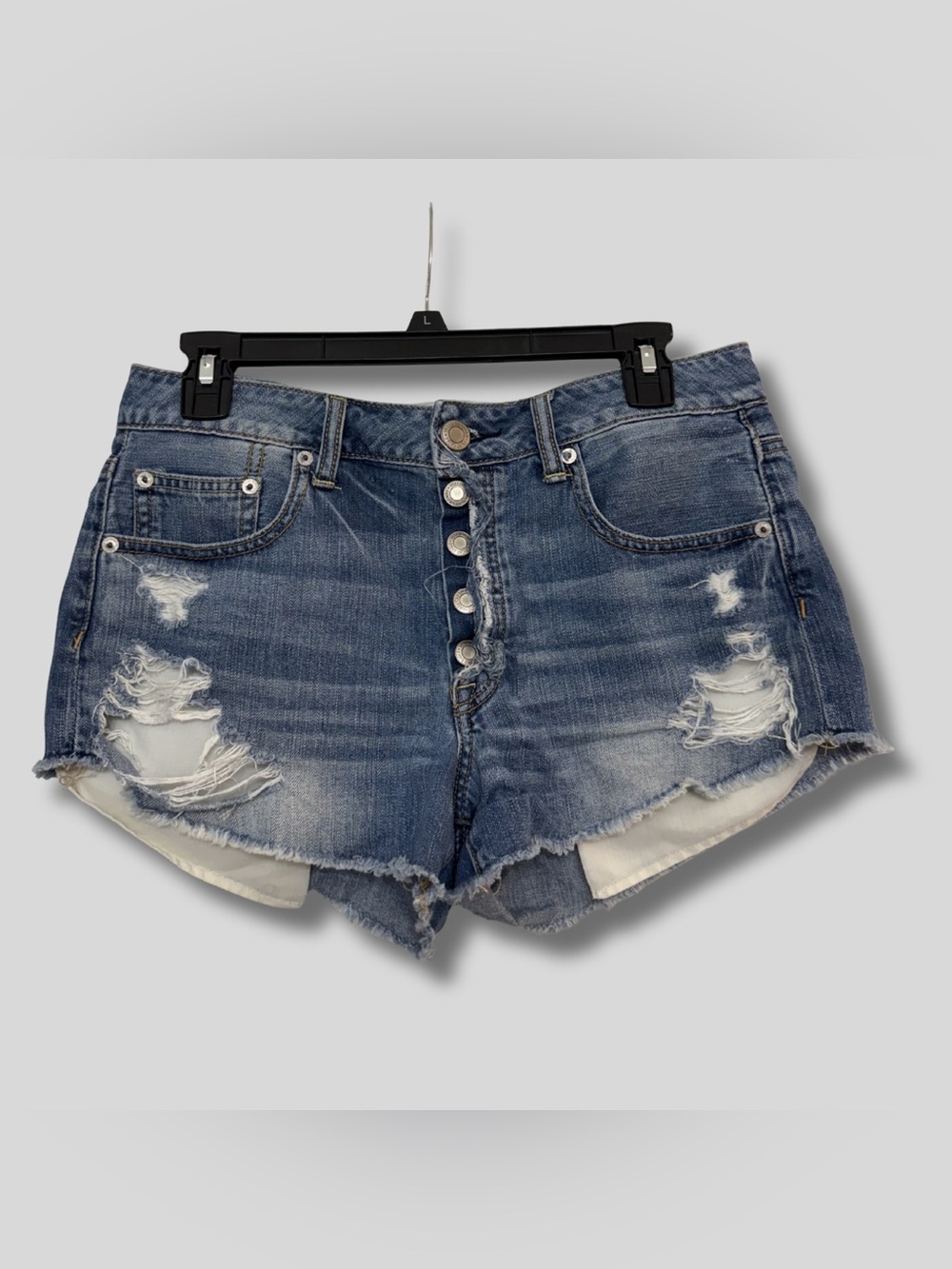 American Eagle Outfitters Distressed Button-Fly Denim Shorts - Blue